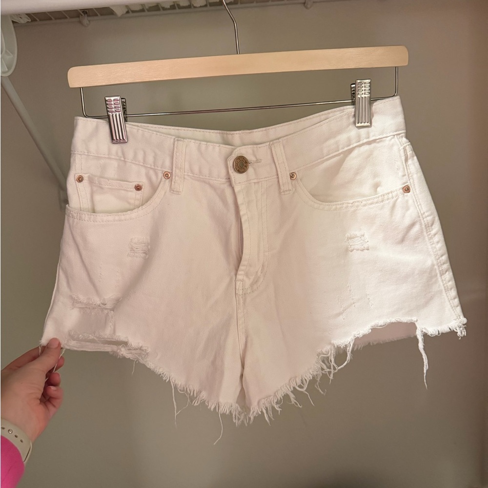 BDG Women's White Distressed High-Rise Denim Shorts